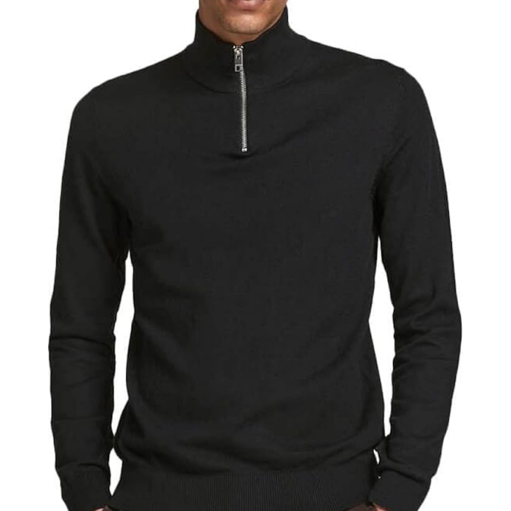 Jack & Jones Black Zip Up Sweater Mock Neck Ribbed Cuffs